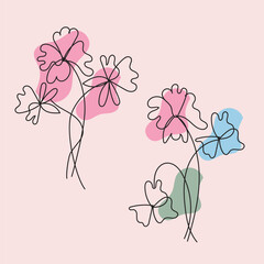 vector flat design of linear leaves and flowers