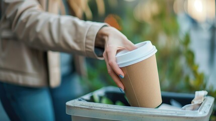 Closeup of a woman hand throwing paper coffee cup into the recycling bin