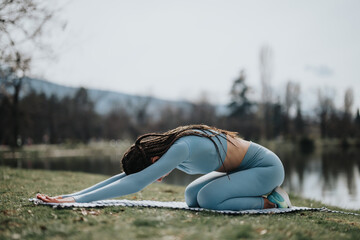 A focused young woman partakes in a calming yoga session outdoors, surrounded by peaceful park...