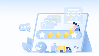 Customer satisfaction survey and feedback review concept. Analyzing customer positive and negative reviews, star ratings, comments, loyalty, and good experiences. Flat vector design illustration.