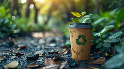 The concept of nature conservation and zero waste. Eco-friendly paper cup with a recycling sign on the background of wildlife,generative ai
