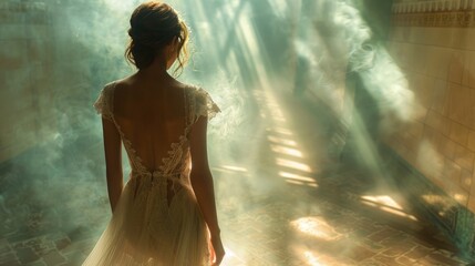 A young woman in a delicate, lace-adorned dress, her demeanor graceful and romantic, as she walks down a runway lined with soft, ambient lighting