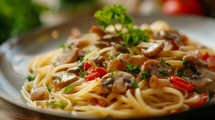 "Mushroom Tagliatelle Delight"
Perfectly cooked tagliatelle pasta entwined with savory mushrooms, sprinkled with fresh herbs for a rustic, appetizing meal.