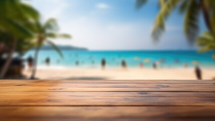 The empty wooden table top with blur background of Thailand beach. Exuberant image. generative AI