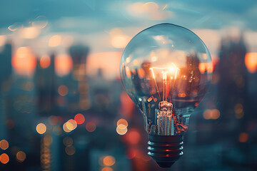 A light bulb is lit up in a cityscape
