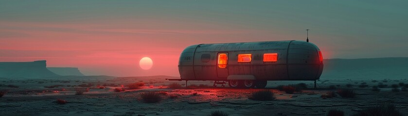 Futuristic nomad caravan, twilight, modern desert travelers , sci-fi tone