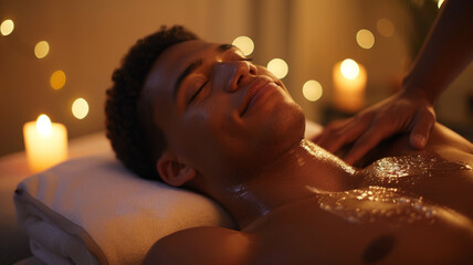 Man receiving a massage in a spa. - obrazy, fototapety, plakaty