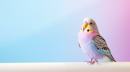 Colorful parakeet on blue and pink background, isolated, pet, animal - obrazy, fototapety, plakaty