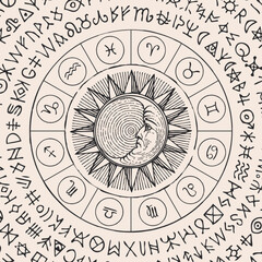 Vector illustration of Zodiac signs in retro style with Sun and moon, magic runes written in a circle on white background. Hand-drawn banner with twelve horoscope symbols for astrological forecasts