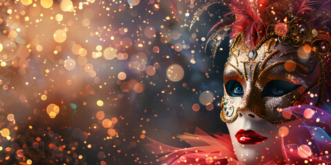 Beautiful Asian young woman in carnival mask part and stylish masquerade costume with feathers and sparklers in colorful bokeh on golden bokeh background - obrazy, fototapety, plakaty