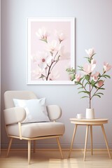 Pink floral print in living room, wallpaper, background, sofa, vase, decor