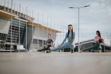 A group of three female friends enjoying a fitness session together, stretching muscles before a workout in a city environment.