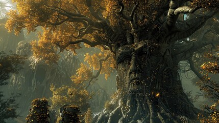 A mythical tree with a face embedded in its trunk, surrounded by a golden forest, perfect for...