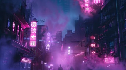 A cyberpunk cityscape at night with neon signs, fog, and silhouettes of people, useful for visual storytelling in a sci-fi setting or as a vibrant background for graphic design.