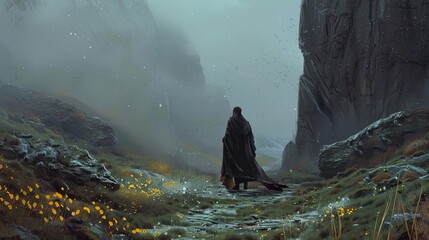 A lone figure in a mystical landscape with towering cliffs and a scattering of yellow flowers, fit...