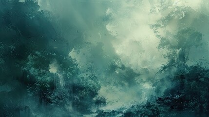 An abstract background with ethereal forest shrouded in mist with a mysterious glow, creating an ideal backdrop for a suspenseful fantasy novel cover or an atmospheric environmental art piece.