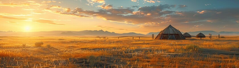 Nomadic life in the steppes, documentary, wide angle, cultural, sunset , 3D illustration - obrazy, fototapety, plakaty