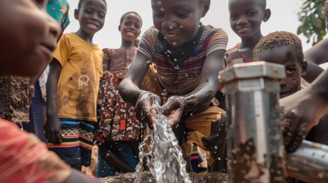 Joyful black African children playing with water from a newly installed pump, demonstrating the impact of clean water projects and community joy in voluntourism.