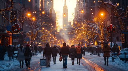 Obraz premium City Escapades: Showcase bustling city streets with holiday shoppers, street performers, and festive decorations, capturing urban holiday vibes.