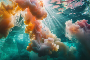 A colorful cloud of smoke is floating in the air above a body of water - Powered by Adobe