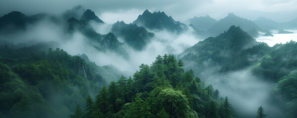 Panoramic view of the misty forest in the mountains. - obrazy, fototapety, plakaty