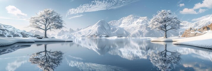 Hyperrealistic alpine scene  snow lake reflecting two trees in crystal clear water
