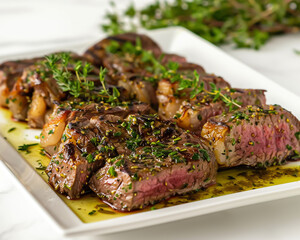 coated with herbs and olive oil, seared medium rare steak on white plate against a white background, food photography