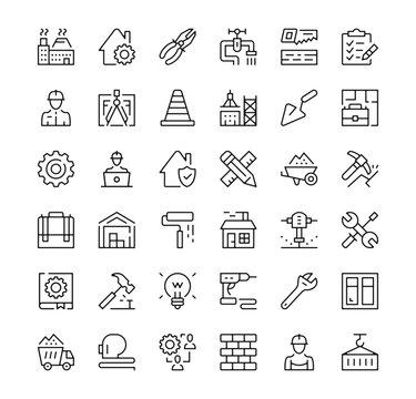 Construction icons set. Vector line icons. Black outline stroke symbols