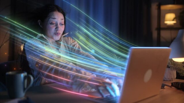 A Young, Beautiful Woman is Surprised by the High-Speed Internet, a Stream of Wind and Energy Breaks out of the Laptop Monitor and Blows her Hair. Amazed and Satisfied by the Good News
