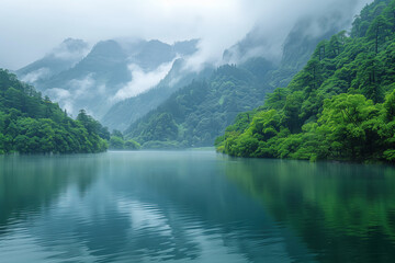 Fototapeta na wymiar Mountain landscape with lake and forest in foggy morning, China
