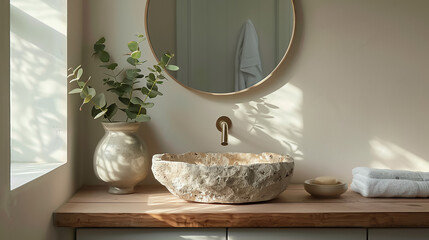 A serene bathroom with a natural stone sink, wood countertop, round mirror, and eucalyptus vase, bathed in soft morning light for tranquility