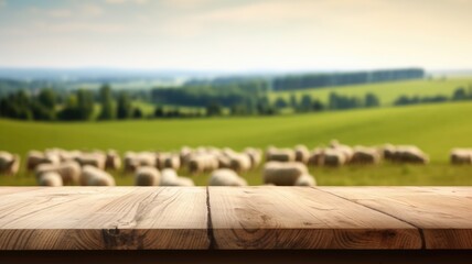 The empty wooden brown table top with blur background of sheep pasture. Exuberant image. generative...