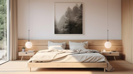 Fototapeta na wymiar Modern Master Bedroom Interior with Wood Paneling and Platform Bed, mockup interior design