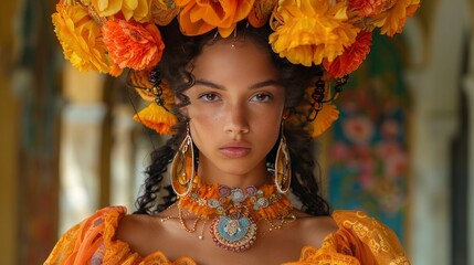 A young woman in a vibrant, culturally inspired dress, her walk a celebration of heritage and modernity, set within a globally influenced runway scene 