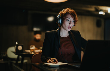 Confident female businesswoman discussing innovative business strategies for successful market expansion.