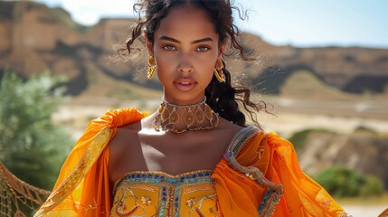 A young woman in a vibrant, culturally inspired dress, her walk a celebration of heritage and modernity, set within a globally influenced runway scene 