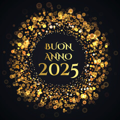 Biglietto o striscione per augurare un felice anno nuovo 2025 in oro in un cerchio composto da cerchi dorati con effetto bokeh su sfondo nero
