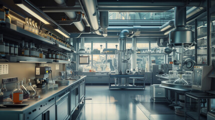 A state-of-the-art biotech pilot plant with specialized equipment and quality control stations, momentarily quiet but ready to test and optimize biologic manufacturing processes