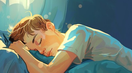 A soothing artwork portraying a boy asleep, harmonized in various shades of blue