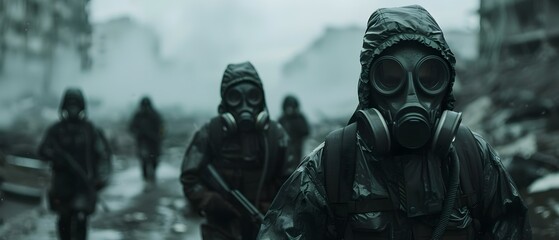 March of Resilience: Hazmat Troops in Ruins. Concept Military Operations, Post-Apocalyptic Scenes, Hazmat Suits, Resilience Against Adversity, Dystopian Future - obrazy, fototapety, plakaty