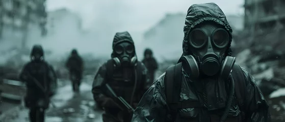 Fotobehang March of Resilience: Hazmat Troops in Ruins. Concept Military Operations, Post-Apocalyptic Scenes, Hazmat Suits, Resilience Against Adversity, Dystopian Future © Ян Заболотний