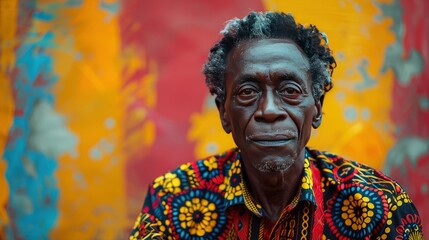 An artistic portrait of a man in a vibrant, patterned outfit, his pose and expression reflecting his unique personality, against a simple backdrop