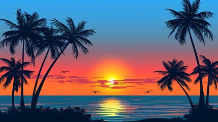Fototapeta na wymiar Evening on the beach with palm trees. An evening on the beach with palm trees. Colorful picture for rest. Blue palm trees at sunset. Orange sunset in the blue sky. Palmeny island.