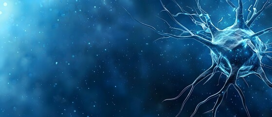 Synaptic Spark: Abstract Neuron on Blue, Space for Biology Concepts. Concept Biology, Neuron, Abstract Art, Brain, Science - obrazy, fototapety, plakaty