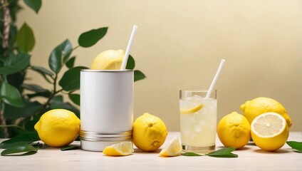 A photo of a clear glass on the left with lemons and ice inside it, and a white can with a straw on the right with a lemon wedge attached to the straw.

 - obrazy, fototapety, plakaty