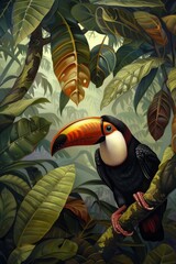 Fototapeta premium Bird toucan in tropical green leaves. summer art poster 