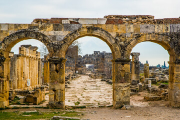 Ephesus, Turkey - March 28 2014: Ephesus city remains  pillars and archways