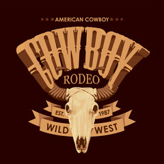 Vector poster for a Cowboy Rodeo show. Decorative illustration with skull of bull and lettering in retro style. Suitable for banner, logo, icon, invitation, flyer, label, tattoo, t-shirt design - 779091112