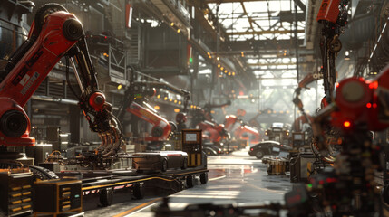 A busy automotive manufacturing plant with robotic arms and assembly lines, momentarily idle but poised to produce a vast array of vehicles