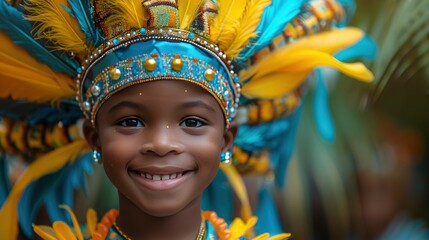 An image of a young boy in a vibrant carnival costume, his exuberance matching the festive, colorful setting around him 